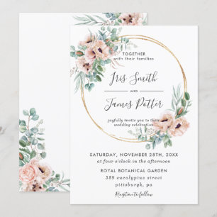 Elegant Blush Floral Greenery Gold Frame Wedding Invitation