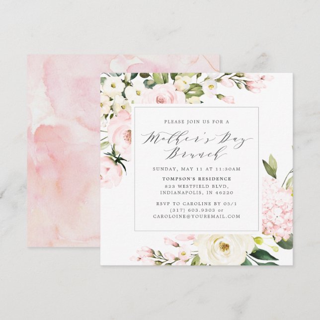 Elegant Blush Floral Greenery Mother's Day Brunch Invitation (Front/Back)