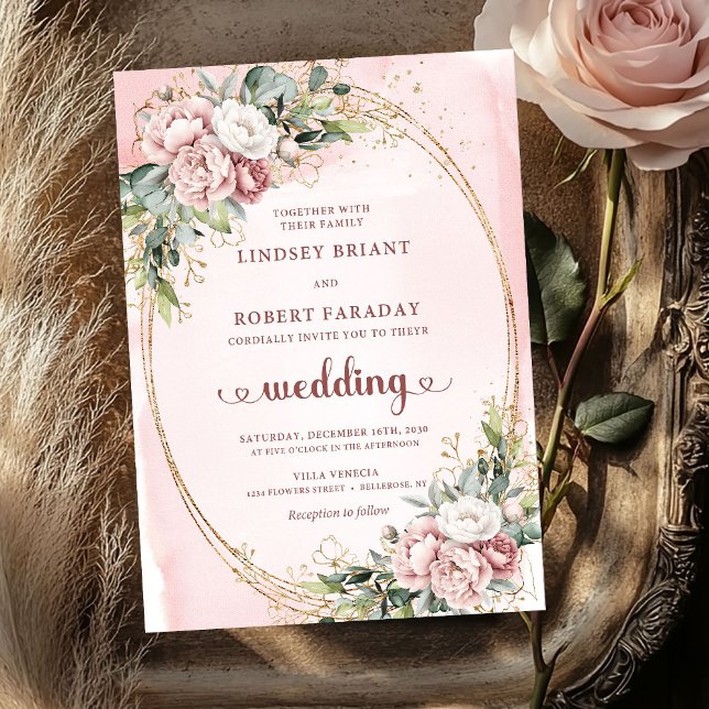 Elegant Blush Floral Greenery Rose Gold Wedding  Invitation (Elegant Blush Floral Greenery Rose Gold Wedding Invite)