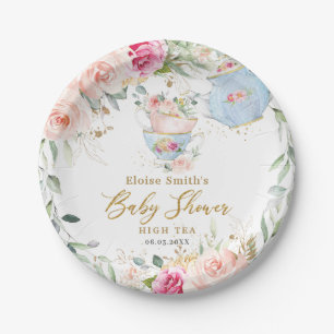 Elegant Blush Floral High Tea Party Baby Shower Paper Plate