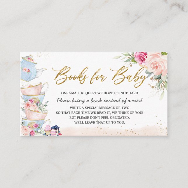 Elegant Blush Floral High Tea Party Books for Baby Enclosure Card (Front)