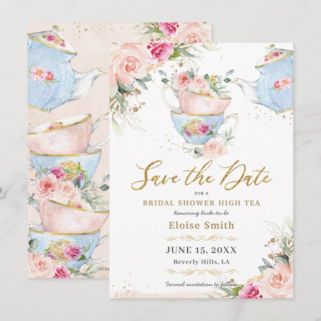 Elegant Blush Floral High Tea Party Bridal Shower  Save The Date (Front/Back)