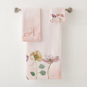 Elegant Blush Floral Monogram Bath Towel Set