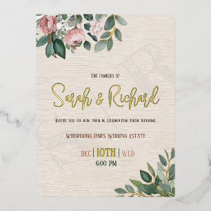 Elegant Blush Floral Monogram Wedding Foil Invitation Postcard