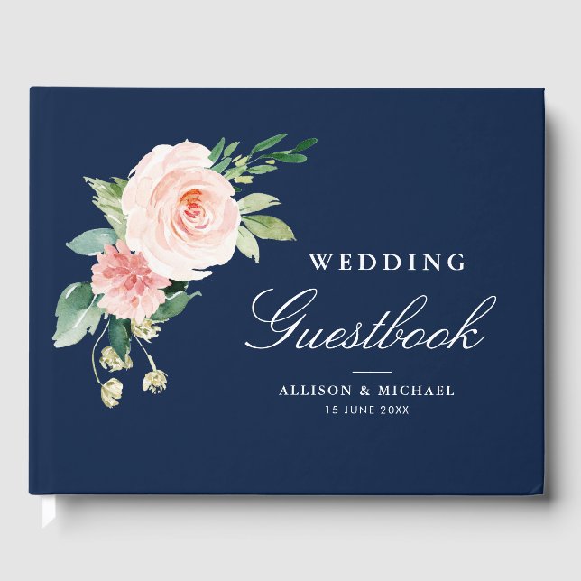 Elegant blush floral navy wedding guestbook (Front)