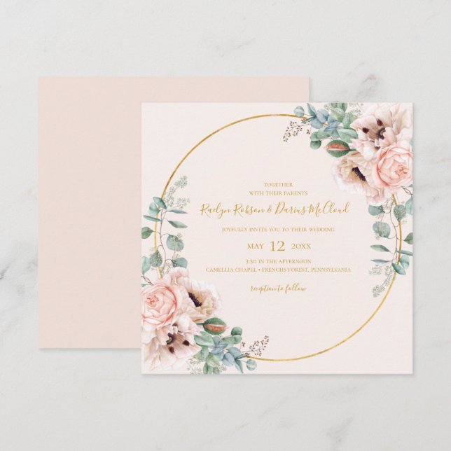Elegant Blush Floral | Pastel Square Wedding Invitation (Front/Back)