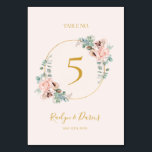 Elegant Blush Floral | Pastel Table Number<br><div class="desc">This elegant blush floral | pastel table number is perfect for your boho, pink spring botanical wedding. Design features a gold foil frame accompanied by a simple watercolor peach champagne rose, minimalist sage green eucalyptus greenery, and a modern unique neutral, coral poppy wildflower. The design is one of luxury, ideal...</div>
