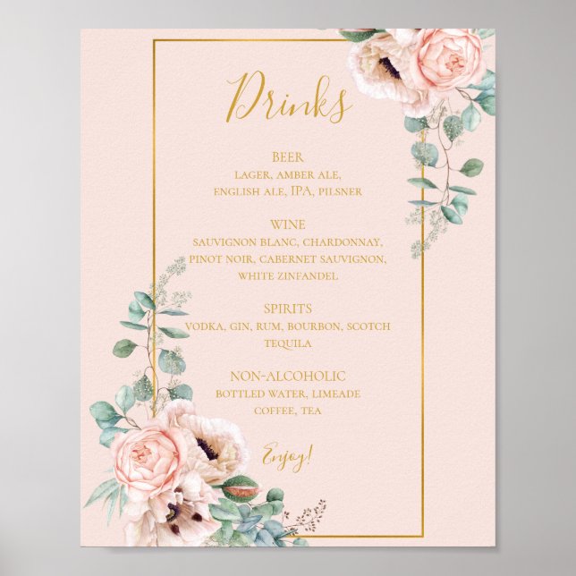 Elegant Blush Floral | Pastel Wedding Drinks Menu Poster (Front)