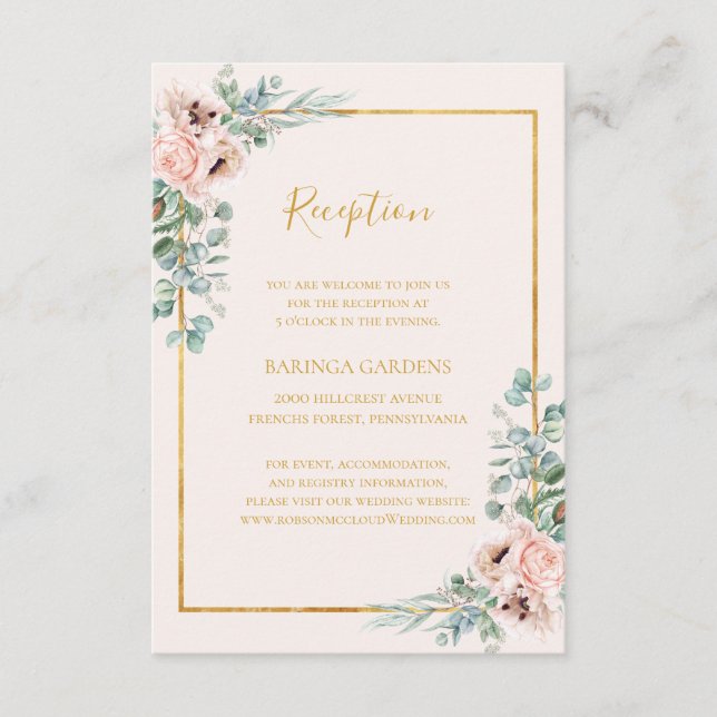Elegant Blush Floral Pastel Wedding Reception Card (Front)