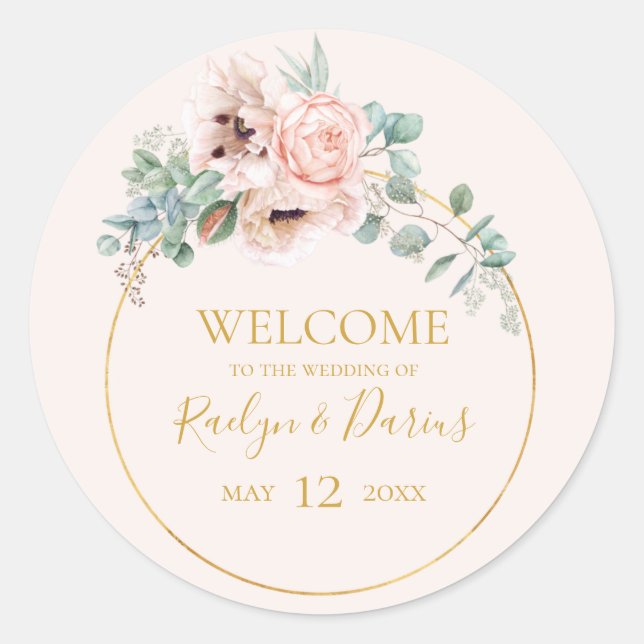 Elegant Blush Floral | Pastel Wedding Welcome Classic Round Sticker (Front)