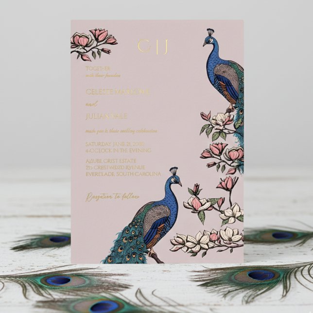 Elegant Blush Floral Peacock Wedding (Elegant Blush Pink Wedding Invitations. Trendy Floral Blue Peacock, Teal Feathers, Magnolia Flowers)