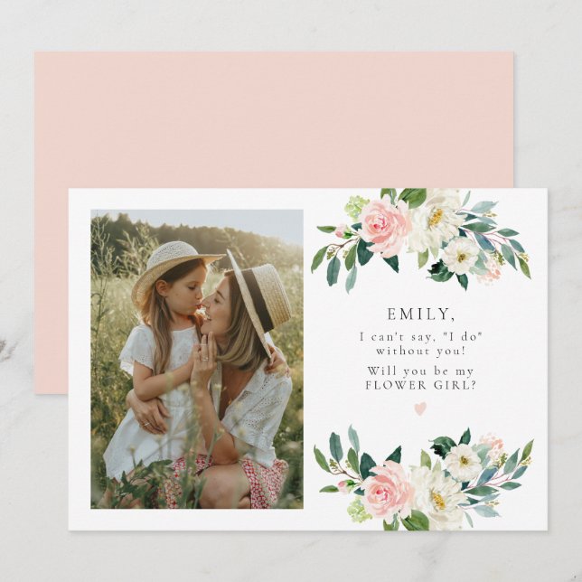 Elegant Blush Floral Photo Flower Girl Proposal Invitation (Front/Back)