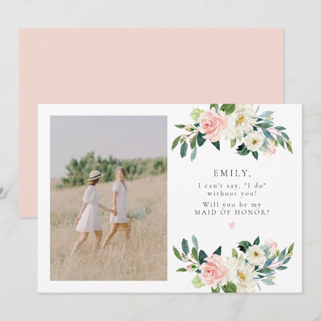 Elegant Blush Floral Photo Maid of Honour Proposal Invitation (Front/Back)