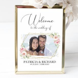 Elegant Blush Floral Photo Wedding Welcome Sign