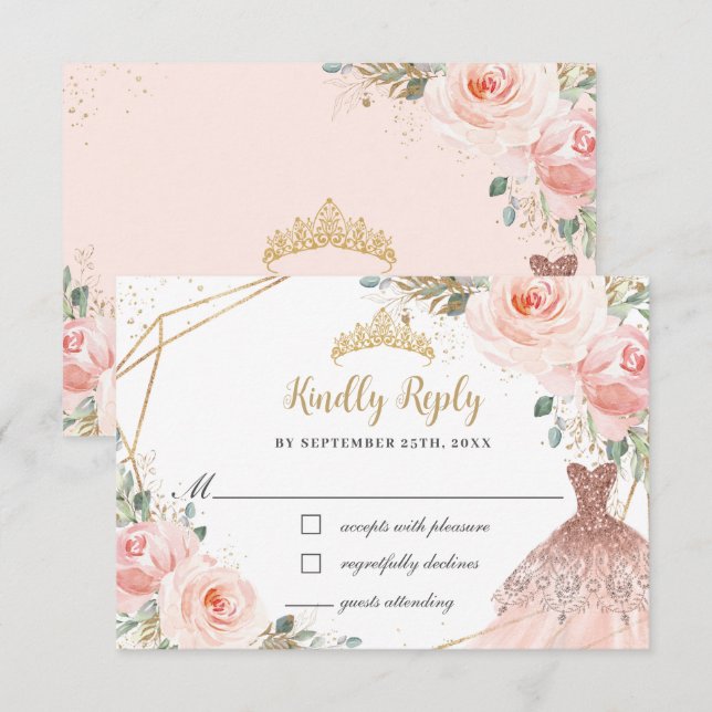 Elegant Blush Floral Princess Gown Quinceañera  RSVP Card (Front/Back)