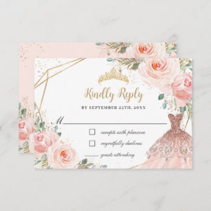 Elegant Blush Floral Princess Gown Quinceañera RSVP Card