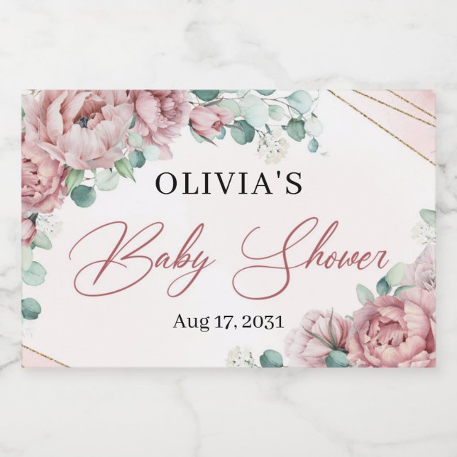 Elegant blush floral roses eucalyptus gold frame c sparkling wine label (Single Label)