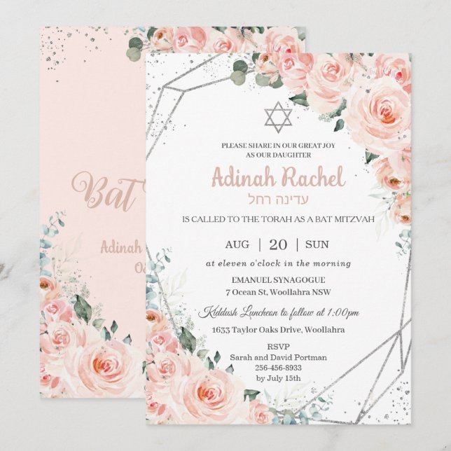 Elegant Blush Floral Roses Silver Bat Mitzvah Invitation (Front/Back)
