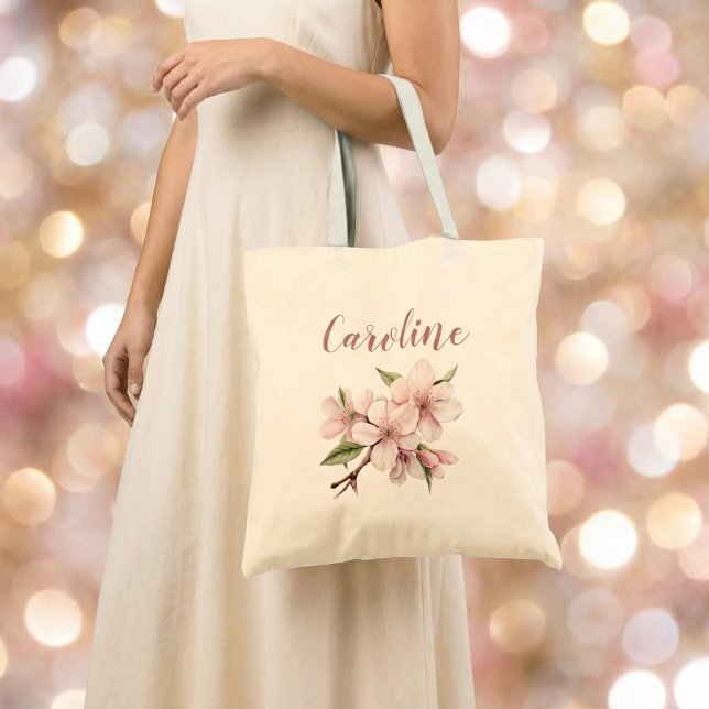 Elegant blush floral script cherry blossom wedding tote bag (Elegant blush floral script cherry blossom wedding tote bag.)
