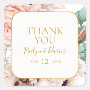 Elegant Blush Floral Thank You Wedding Favour Square Sticker