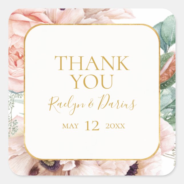Elegant Blush Floral | Thank You Wedding Favour Square Sticker (Front)
