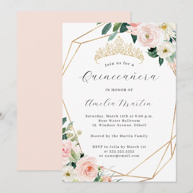 Elegant Blush Floral Tiara Geometric Quinceanera  Invitation (Front/Back)