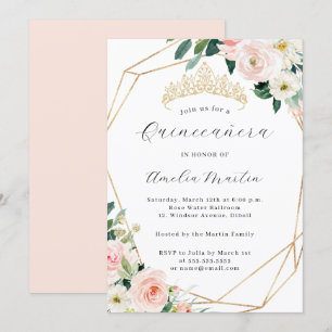 Elegant Blush Floral Tiara Geometric Quinceanera  Invitation