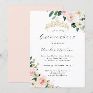 Elegant Blush Floral Tiara Quinceanera  Invitation