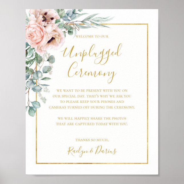 Elegant Blush Floral | Unplugged Ceremony Sign (Front)