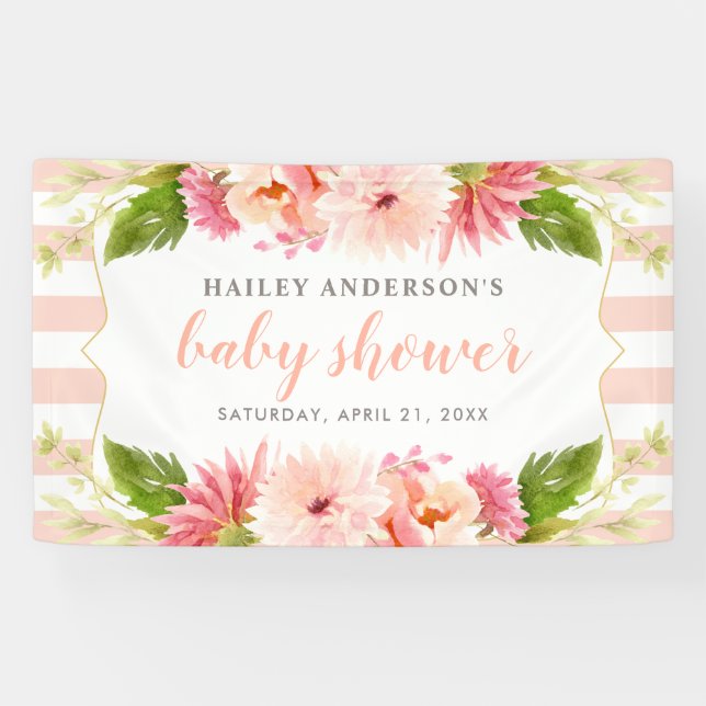 Elegant Blush Floral Watercolor Baby Girl Shower Banner (Horizontal)