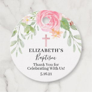 Elegant Blush Floral Watercolor Baptism Favour Tag
