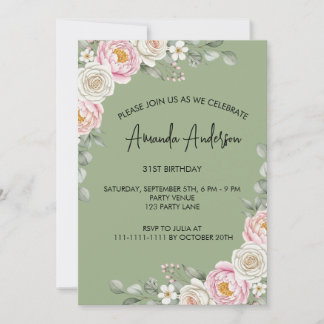 Elegant Blush Floral Watercolor Birthday Invitation