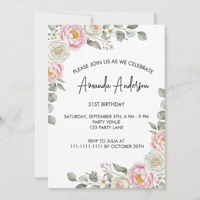 Elegant Blush Floral Watercolor Birthday  Invitation (Front)