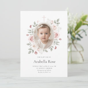 Elegant Blush Floral Watercolor Photo Cross Invitation