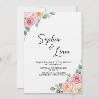 Elegant Blush Floral Watercolor Wedding Invitation