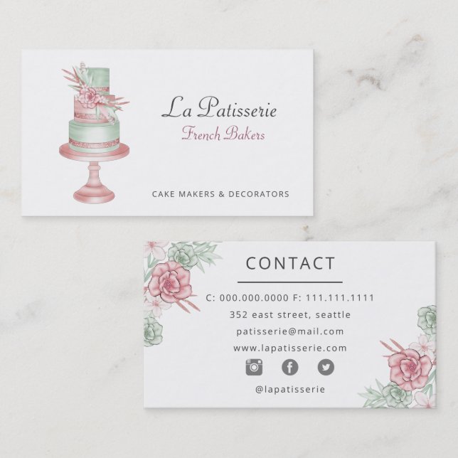 Elegant Blush Floral Wedding Cake Makers Bakery Business Card (Front/Back)