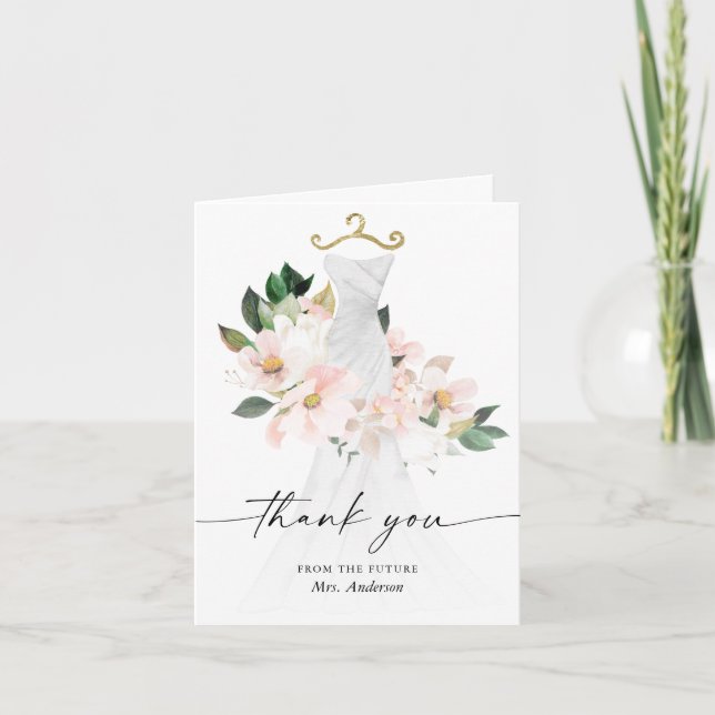 Elegant Blush Floral Wedding Dress Thank You Card (Front)