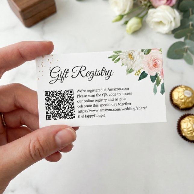 Elegant Blush Floral Wedding Gift Registry QR Code Enclosure Card (Creator Uploaded)
