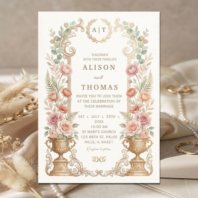 Elegant Blush Floral Wedding  Invitation (Elegant Blush Floral Wedding Invitation #vintagefantasymagicalwhimsicaldreamy #elegantpaintedwater)