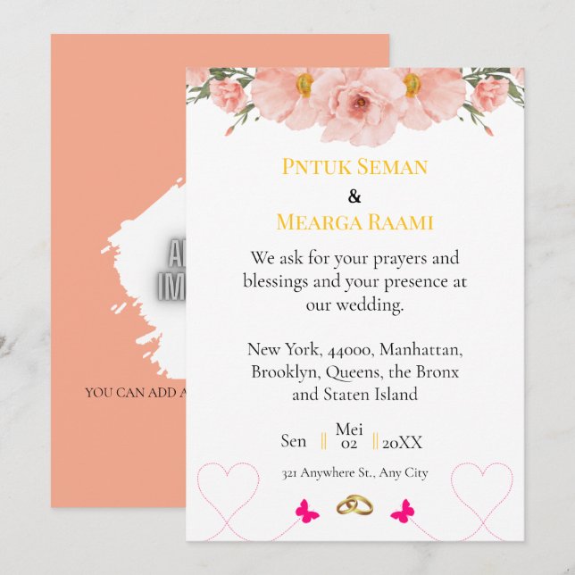 Elegant Blush Floral Wedding Invitation with Gold  (Front/Back)