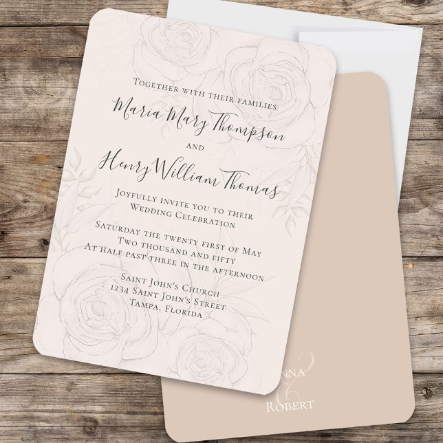 Elegant Blush Floral Wedding Script Formal Invitation (Blush floral wedding invitation with a nude beige back.)