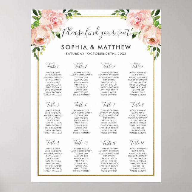 Elegant Blush Floral Wedding Seating Chart (Front)