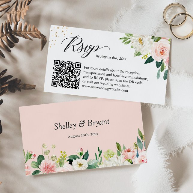 Elegant Blush Floral Wedding Website RSVP QR Code Enclosure Card (Creator Uploaded)
