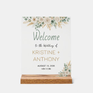 Elegant Blush Floral Wedding Welcome Wood Block Acrylic Sign