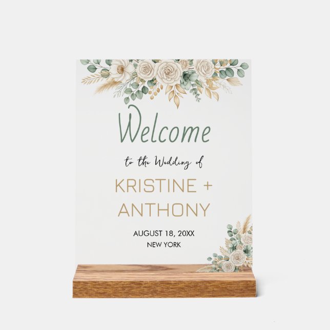 Elegant Blush Floral Wedding Welcome Wood Block Acrylic Sign (Front)