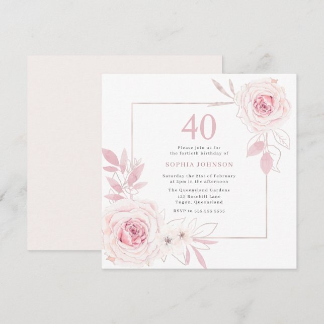 Elegant Blush Floral Wreath Frame 40th Birthday Invitation (Front/Back)