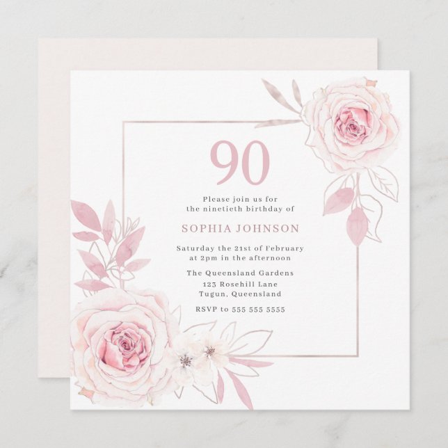 Elegant Blush Floral Wreath Frame 90th Birthday  Invitation (Front/Back)
