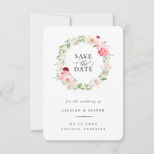 Elegant Blush Floral Wreath Save The Date Announcement (Front)