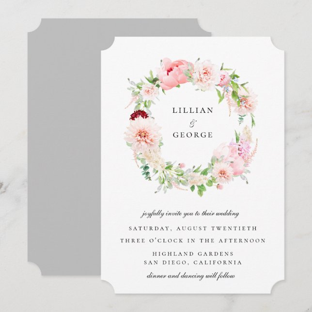 Elegant Blush Floral Wreath Wedding Invitation (Front/Back)