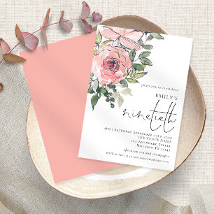 Elegant Blush Florals Ninetieth Birthday Party Invitation